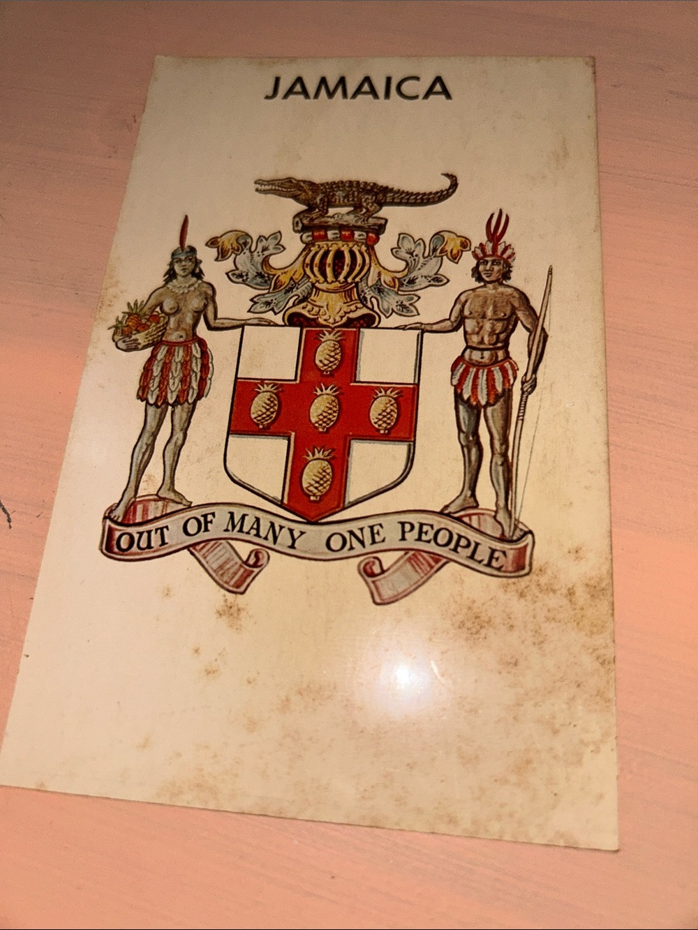 Jamaica Crest Decorative Plaque - Red & White Coat of Arms Post Card GUC